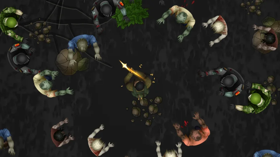 In-game: Kyle fires a rifle from the middle of a clearing as infected soldiers, riot cops and civilians close in on him from every side