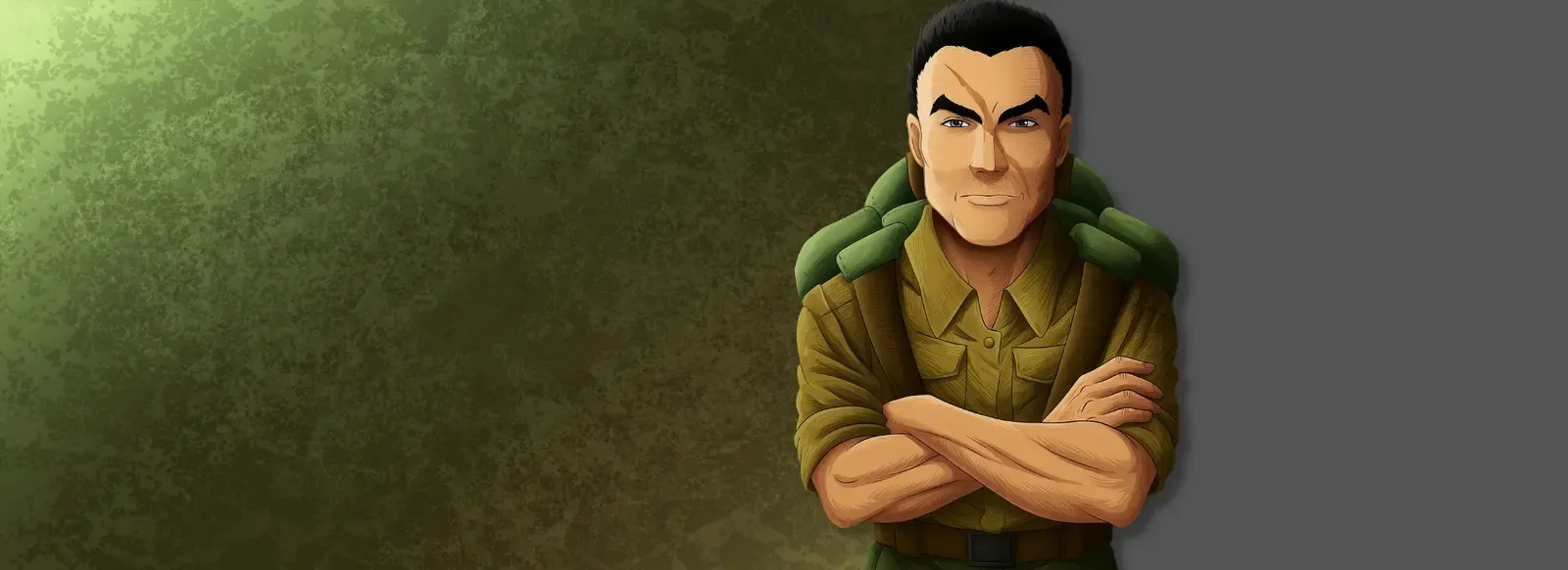Painted art: Kyle Remington, arms crossed in olive fatigues